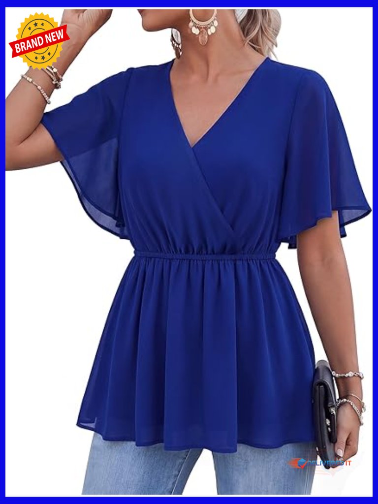 Elegant V Neck Ruffle Sleeve Peplum Chiffon Blouse
